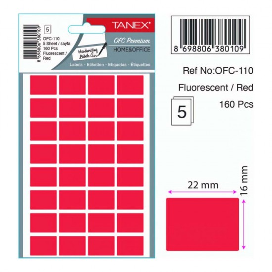 TANEX OFC-110 OFİS ETİKETİ 16X22 FLO KIRMIZI