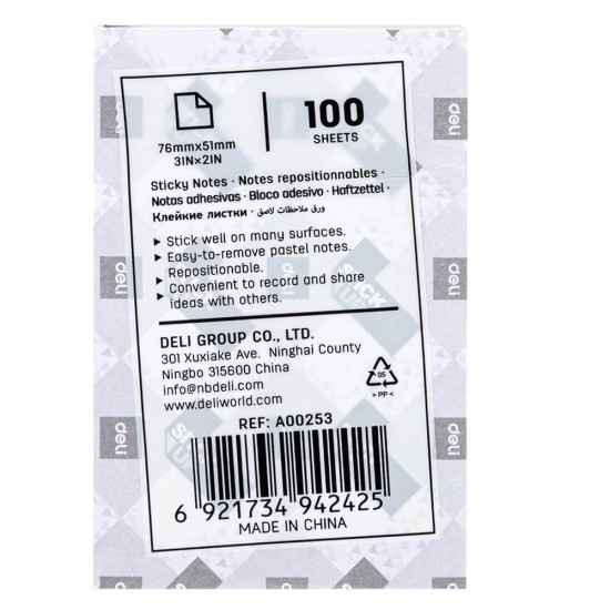 DELİ A00253 YAPIŞKANLI NOT KAĞIDI SARI 76X51MM 100YP 100019783