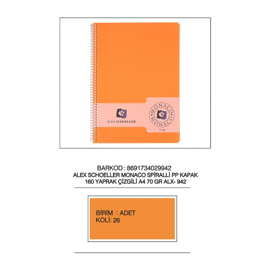 ALEX SCH SPR PP KP ÇİZGİLİ DEFTER A4 160YP