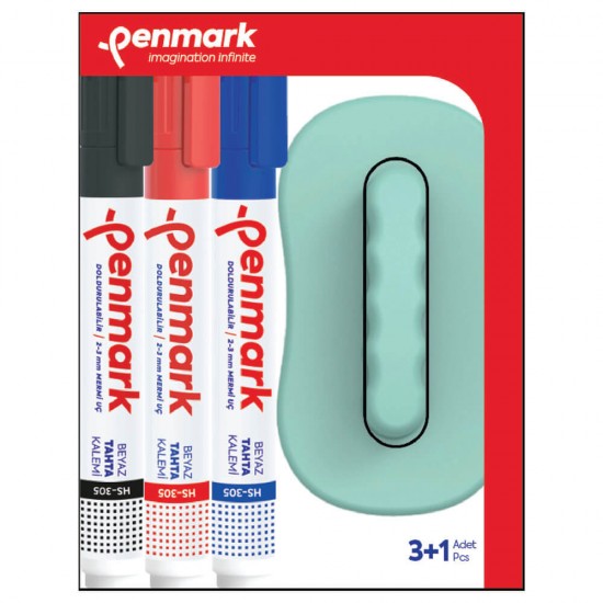 PENMARK BEYAZ TAHTA KALEMİ 3LÜ SET+ SİLGİ HS - 305 TK 3S